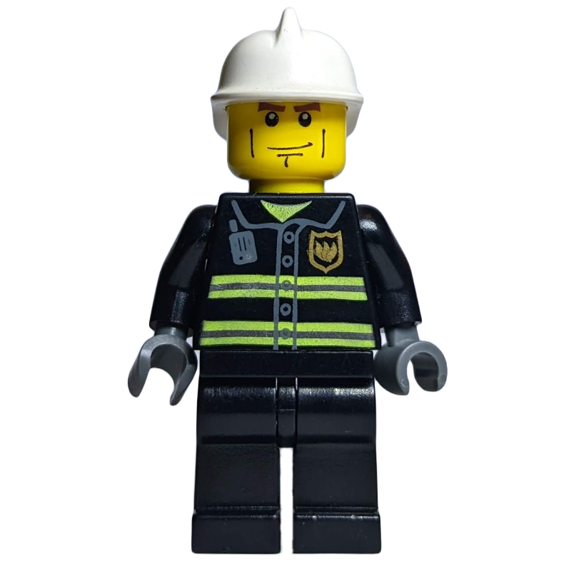 Pompier, veste de feu noir avec bandes réfléchissantes, radio et badge, mains gris bleuâtre foncé, casque blanc, lignes de joues (Fireman, Black Fire Jacket with Reflective Stripes, Radio, and Badge, Dark Bluish Gray Hands, White Helmet, Cheek Lines)