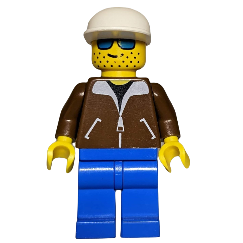 Homme, veste brune, jambes bleues, casquette blanche, lunettes de soleil bleues (Man, Brown Jacket, Blue Legs, White Cap, Blue Sunglasses)