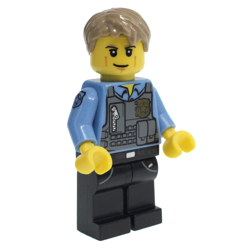 Chase mccain, gilet gris bleuté foncé avec radio, badge et pochettes sur chemise bleu moyen, jambes noires (Chase McCain, Dark Bluish Gray Vest with Radio, Badge and Pouches over Medium Blue Shirt, Black Legs)