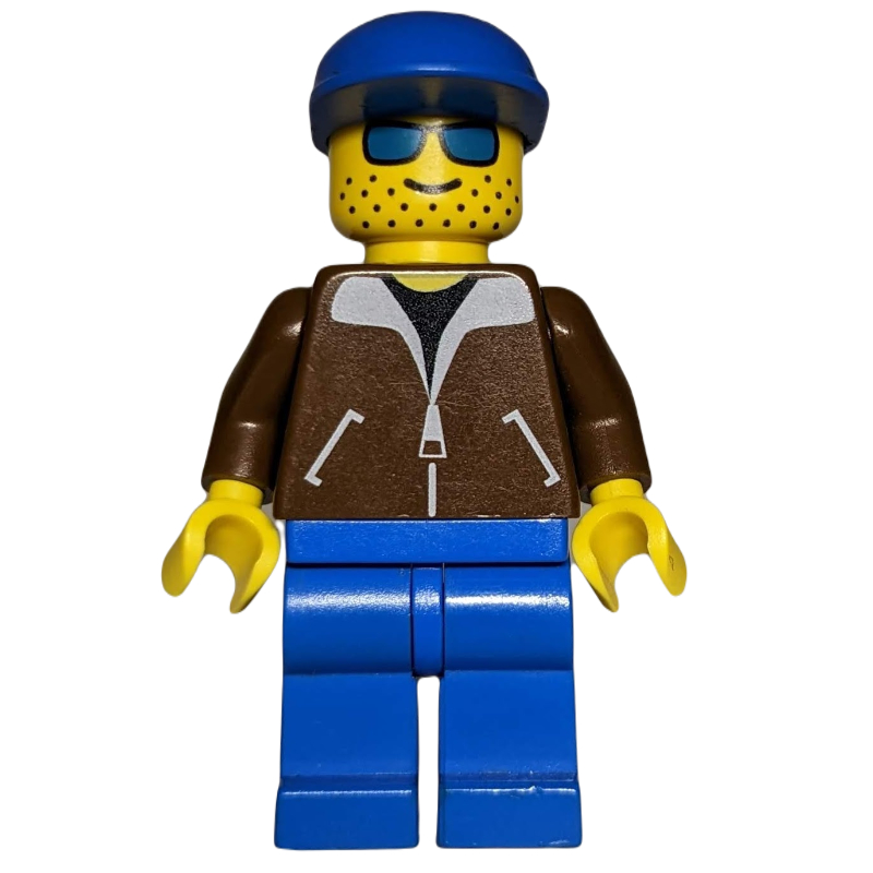 Homme, veste brune, jambes bleues, casquette bleue, lunettes de soleil bleues (Man, Brown Jacket, Blue Legs, Blue Cap, Blue Sunglasses)