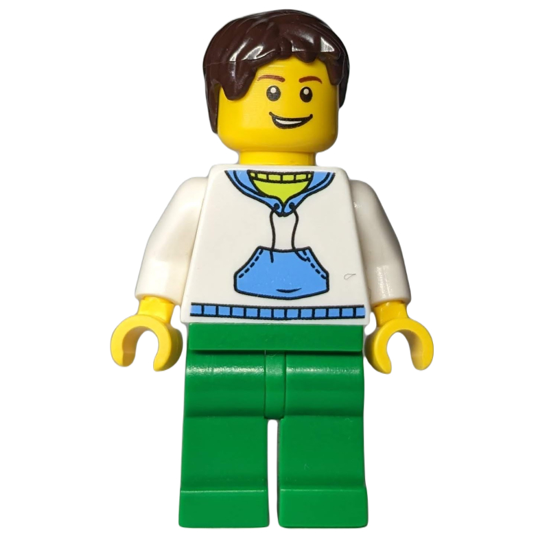 Homme, sweat à capuche blanc et bleu, jambes vertes, cheveux brun foncé (Man, White and Blue Hoodie, Green Legs, Dark Brown Hair)