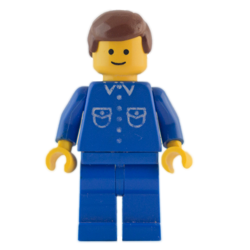 Homme, chemise bleue avec boutons et poches, jambes bleues, cheveux bruns (Man, Blue Shirt with Buttons and Pockets, Blue Legs, Brown Hair)