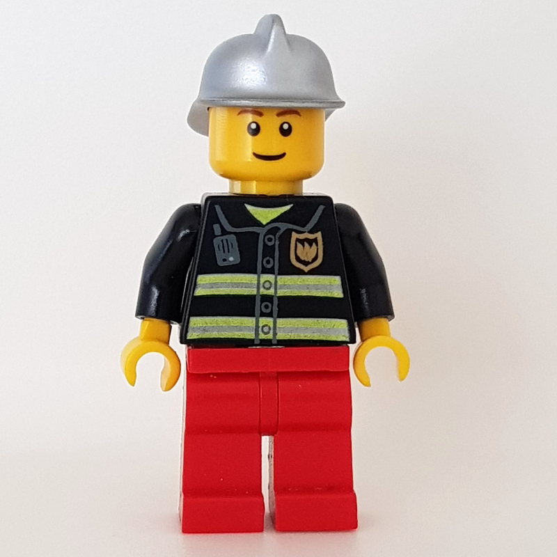Pompier, veste de feu noir avec bandes réfléchissantes, radio et badge, jambes rouges, casque argenté (Fireman, Black Fire Jacket with Reflective Stripes, Radio, and Badge, Red Legs, Silver Helmet)