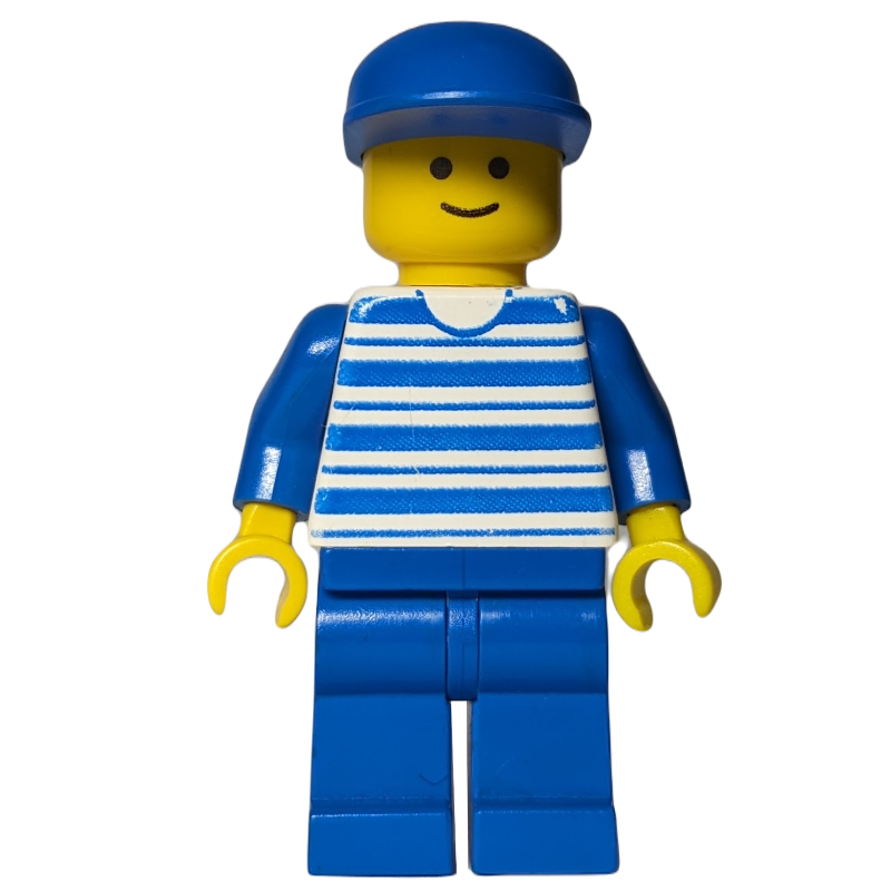 Homme, chemise à rayures blanches et bleues, jambes bleues, casquette bleue (Man, White and Blue Striped Shirt, Blue Legs, Blue Cap)