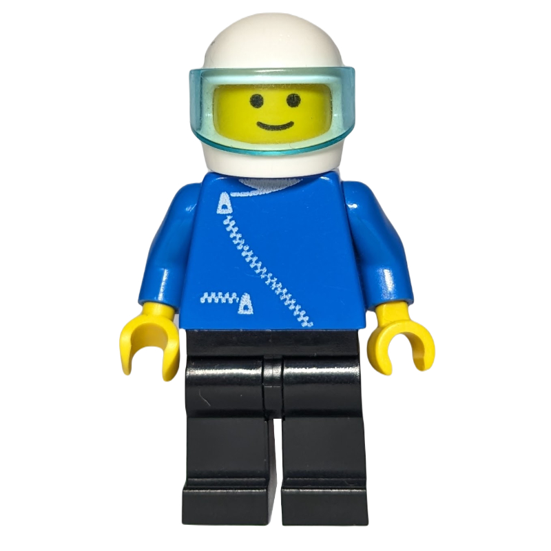 Homme, veste bleue avec fermeture éclair, jambes noires, casque blanc avec visière (Man, Blue Jacket with Zipper, Black Legs, White Helmet with Visor)
