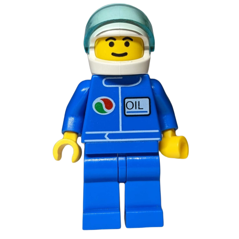 Pilote de course, veste bleue avec logo Octan, jambes bleues, casque blanc avec visière (Racer, Blue Jacket with Octan Logo, Blue Legs, White Helmet with Visor)