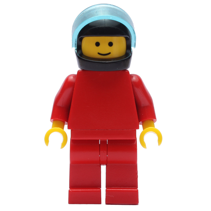 Homme, uni rouge, casque noir avec visière (Man, Plain Red, Black Helmet with Visor)