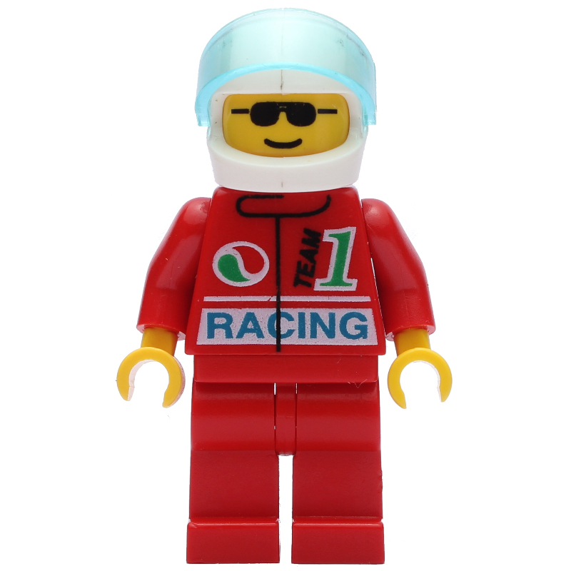 Pilote de course, veste rouge avec logo Octan et inscription 'RACING', jambes rouges, casque blanc avec visière bleu clair transparent, lunettes de soleil (Racer, Red Jacket with Octan Logo and 'RACING', Red Legs, White Helmet with Trans-Light Blue Visor, Sunglasses)