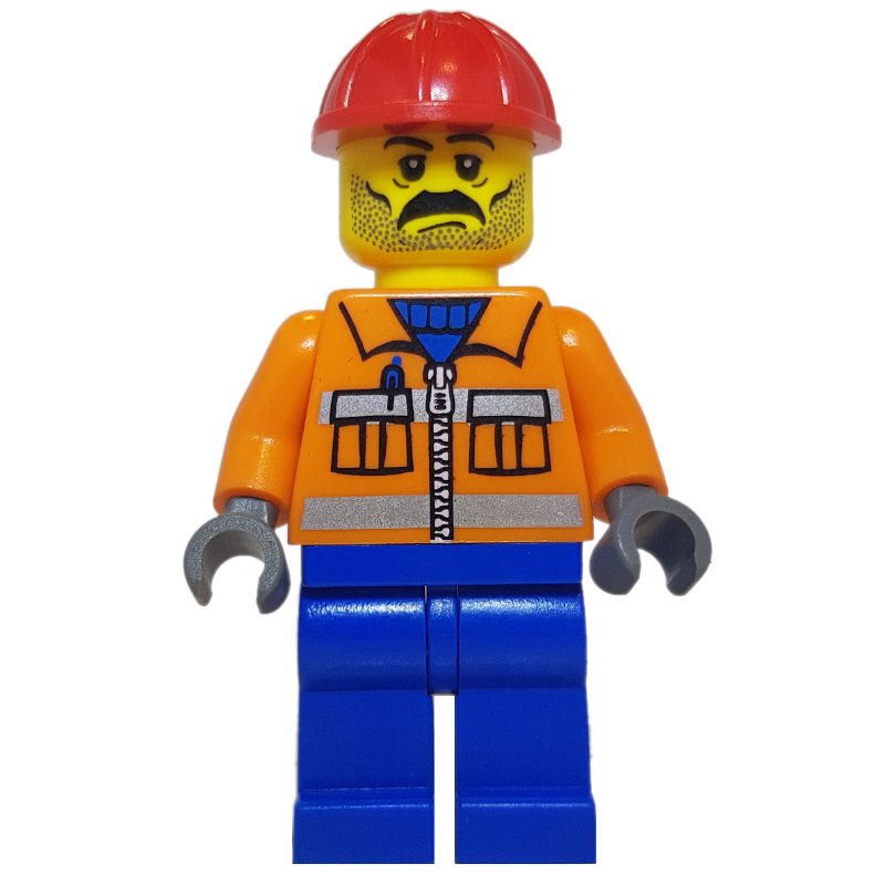Ouvrier de chantier, veste orange avec fermeture à glissière et rayures réfléchissantes, jambes bleues, casque de chantier rouge, moustache et barbe naissante (Construction Worker, Orange Jacket with Zipper and Reflective Stripes, Blue Legs, Red Hard Hat, Moustache and Stubble)