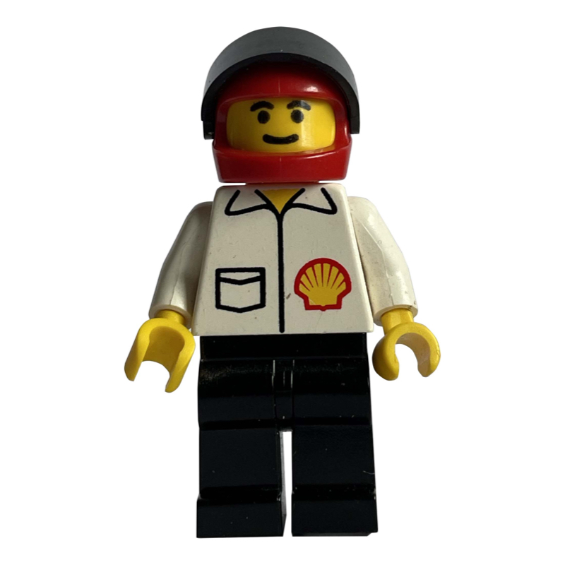 Pilote de course, chemise blanche avec logo Shell, jambes noires, casque rouge avec visière (Racer, White Shirt with Shell Logo, Black Legs, Red Helmet with Visor)