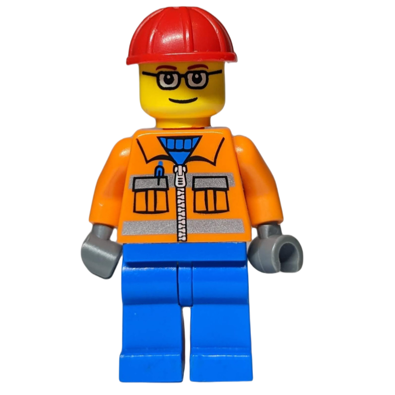Travailleur de la construction, veste orange avec fermeture à glissière et rayures réfléchissantes, jambes bleues, casque de chantier rouge, lunettes (Construction Worker, Orange Jacket with Zipper and Reflective Stripes, Blue Legs, Red Hard Hat, Glasses)