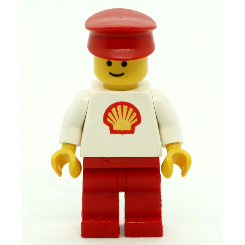 Homme, torse blanc avec logo Shell, jambes rouges, chapeau rouge (Man, White Torso with Shell Logo, Red Legs, Red Hat)