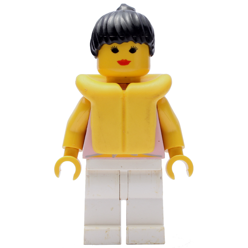 Femme, attaché débardeur rose avec des fleurs, jambes blanches, cheveux noirs, gilet de sauvetage jaune (Woman, Tied Pink Tank Top with Flowers, White Legs, Black Hair, Yellow Life Vest)