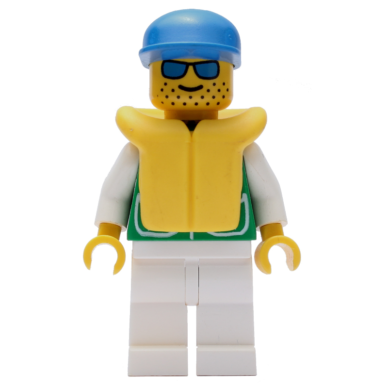 Homme, veste verte, jambes blanches, casquette bleue, gilet de sauvetage jaune, lunettes de soleil bleues (Man, Green Jacket, White Legs, Blue Cap, Yellow Life Vest, Blue Sunglasses)