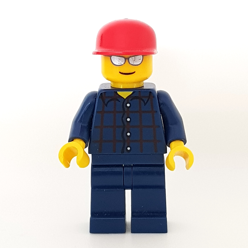Homme, chemise à carreaux bleu foncé, jambes bleu foncé, casquette rouge, lunettes de soleil argentées (Man, Dark Blue Plaid Shirt, Dark Blue Legs, Red Cap, Silver Sunglasses)