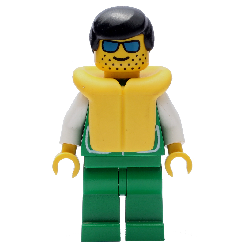 Homme, veste verte, jambes vertes, cheveux noirs, gilet de sauvetage jaune, lunettes de soleil (Man, Green Jacket, Green Legs, Black Hair, Yellow Life Vest, Sunglasses)