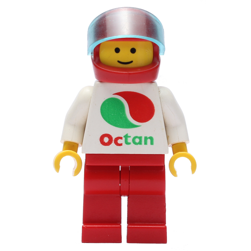 Pilote de course, haut blanc avec grand logo Octan, jambes rouges, casque rouge avec visière (Racer, White Top with Large Octan Logo, Red Legs, Red Helmet with Visor)