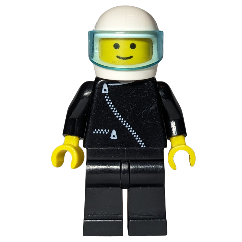 Pilote, veste noire avec fermeture éclair, casque blanc avec visière bleu clair transparent (Pilot, Black Jacket with Zipper, White Helmet with Trans-Light Blue Visor)