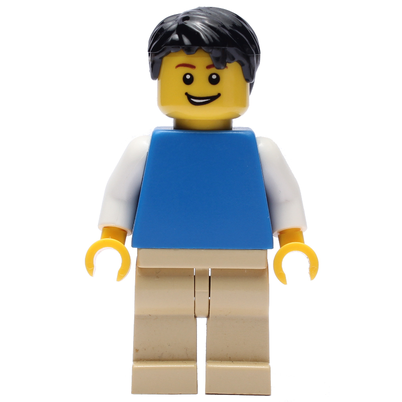 Torse bleu, jambes beiges, cheveux noirs (Blue Torso, Tan Legs, Black Hair)