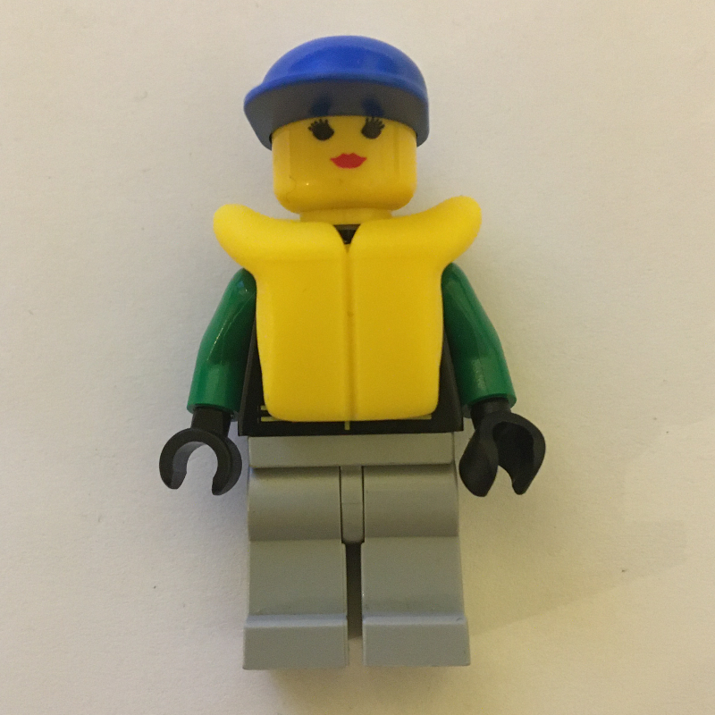 Pilote de course, Extreme Team, veste noire, jambes vertes, casquette bleue, gilet de sauvetage jaune (Racer, Extreme Team, Black Jacket, Green Legs, Blue Cap, Yellow Life Vest)