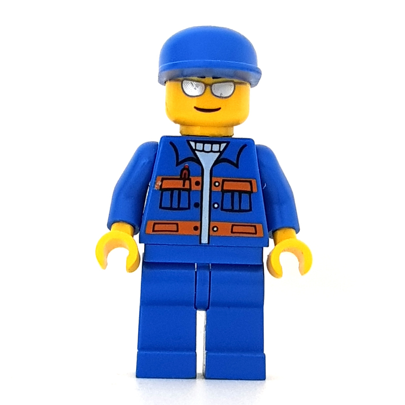 Ouvrier, veste bleue avec rayures orange, jambes bleues, casquette bleue, lunettes de soleil argentées (Worker, Blue Jacket with Orange Stripes, Blue Legs, Blue Cap, Silver Sunglasses)