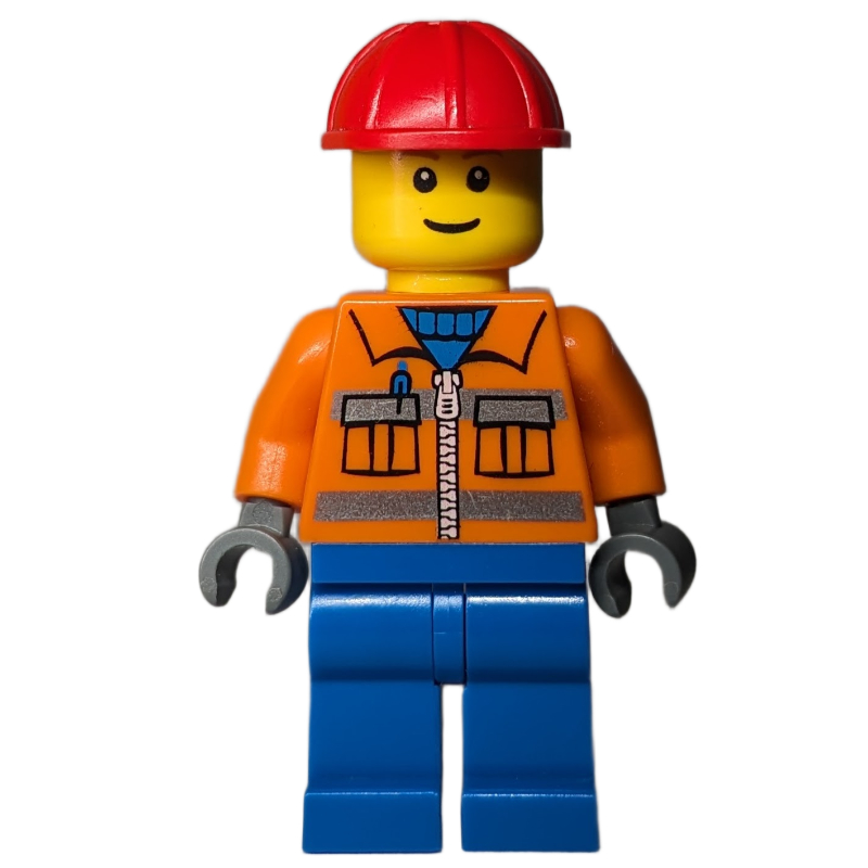 Ouvrier de chantier, veste orange avec fermeture à glissière et rayures réfléchissantes, jambes bleues, casque de chantier rouge (Construction Worker, Orange Jacket with Zipper and Reflective Stripes, Blue Legs, Red Hard Hat)