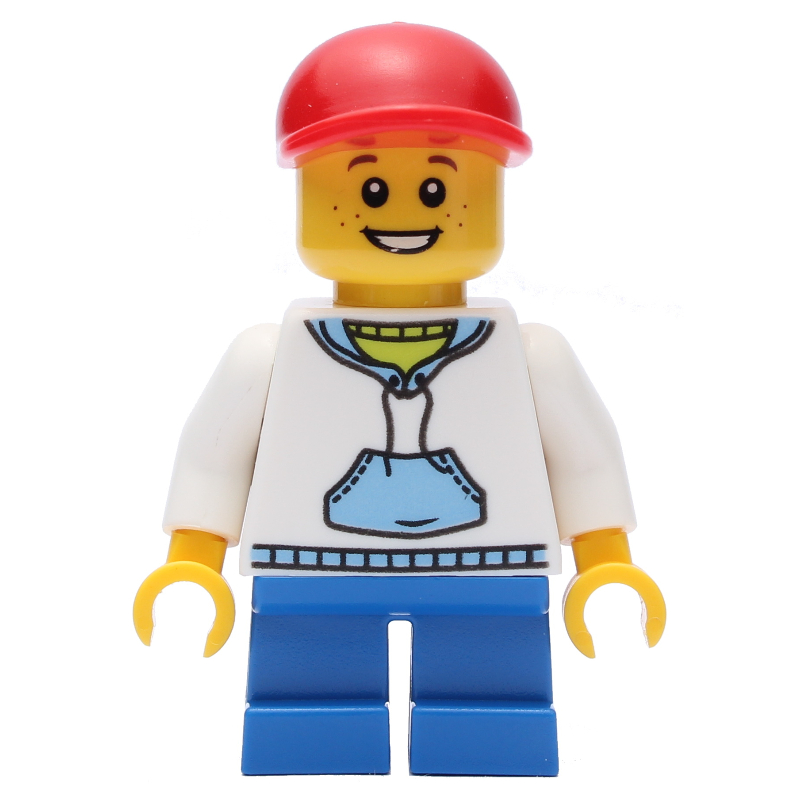Garçon, sweat à capuche blanc et bleu, courtes jambes bleues, casquette rouge (Boy, White and Blue Hoodie, Short Blue Legs, Red Cap)