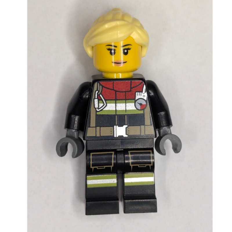 Pompier, tenue de pompier noire, lumineux jaune queue de cheval cheveux (Firefighter, Black Fire Suit, Bright Light Yellow Ponytail Hair)