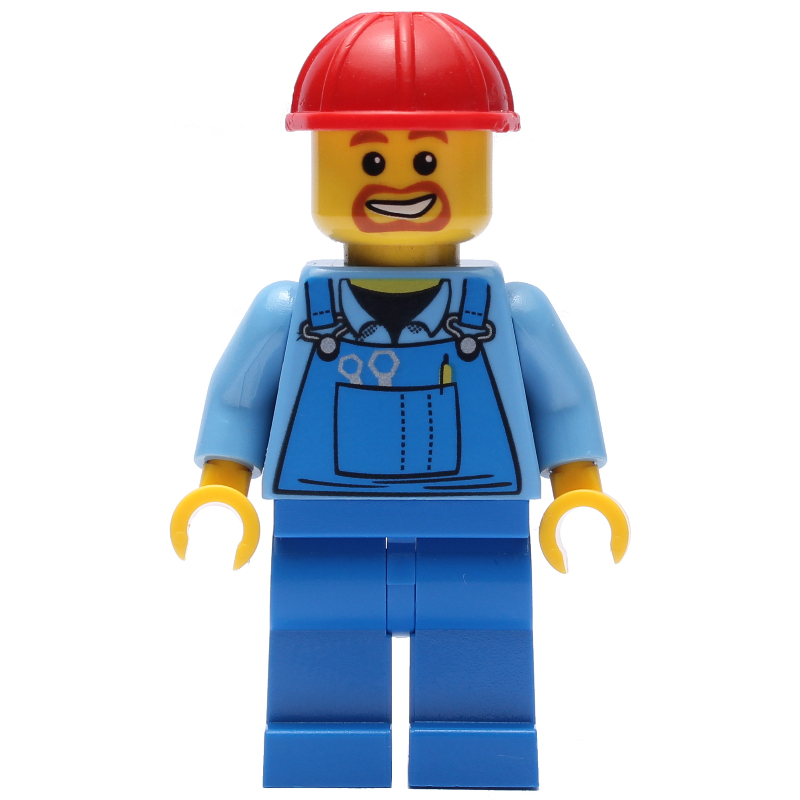 Ouvrier de chantier, salopette bleue sur chemise bleu moyen, casque de chantier rouge, bouc (Construction Worker, Blue Overalls over Medium Blue Shirt, Red Hard Hat, Goatee Beard)