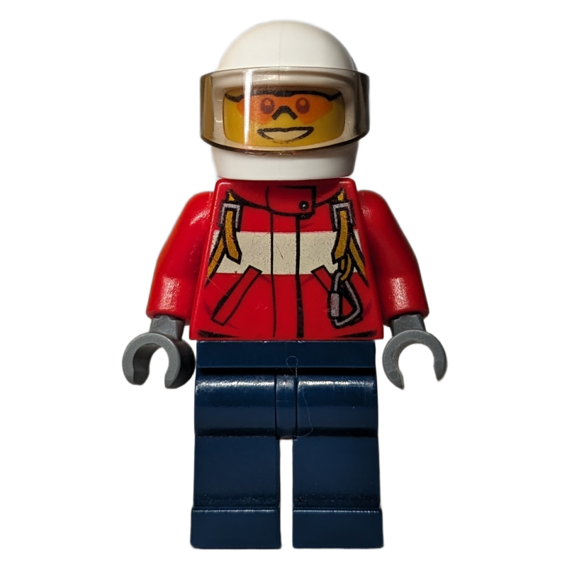 Pompier, veste rouge avec bretelles, casque blanc avec visière, lunettes de soleil orange (Fireman, Red Jacket with Straps, White Helmet with Visor, Orange Sunglasses)