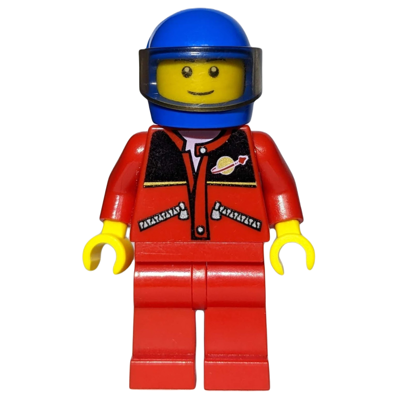 Pilote de course, veste rouge avec logo espace classique, casque bleu avec visière (Racer, Red Jacket with Classic Space Logo, Blue Helmet with Visor)
