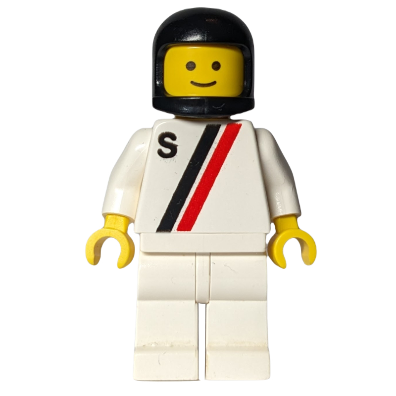Pilote de course, chemise blanche à deux rayures et 'S', jambes blanches, casque noir (Racer, White Shirt with Two Stripes and 'S', White Legs, Black Helmet)