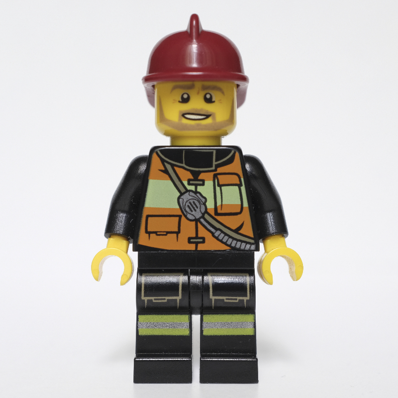 Pompier, gilet de sécurité orange avec radio, casque rouge foncé, barbe (Fireman, Orange Safety Vest with Radio, Dark Red Helmet, Beard)