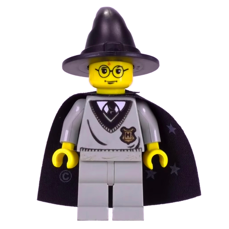 Harry Potter, peau jaune, pull de Poudlard avec crête, chapeau noir, cape avec étoiles (Harry Potter, Yellow Skin, Hogwarts Sweater with Crest, Black Hat, Cape with Stars)