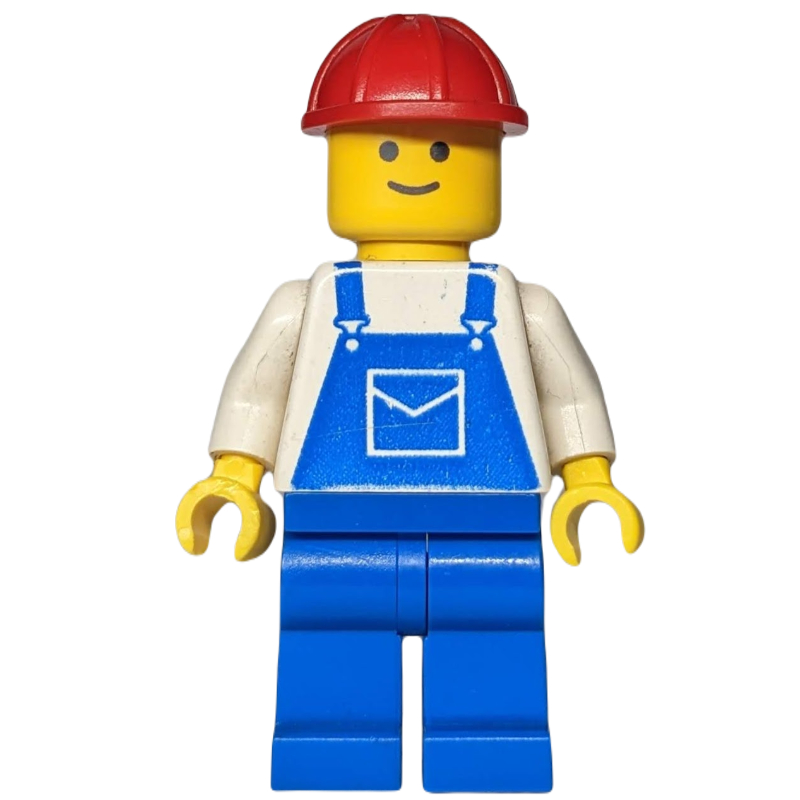 Homme, salopette bleue, casque de chantier rouge (Man, Blue Overalls, Red Hard Hat)