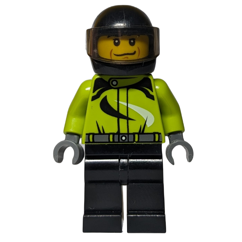 Pilote de course, combinaison vert citron et noire, casque noir avec visière (Racer, Lime and Black Jumpsuit, Black Helmet with Visor)
