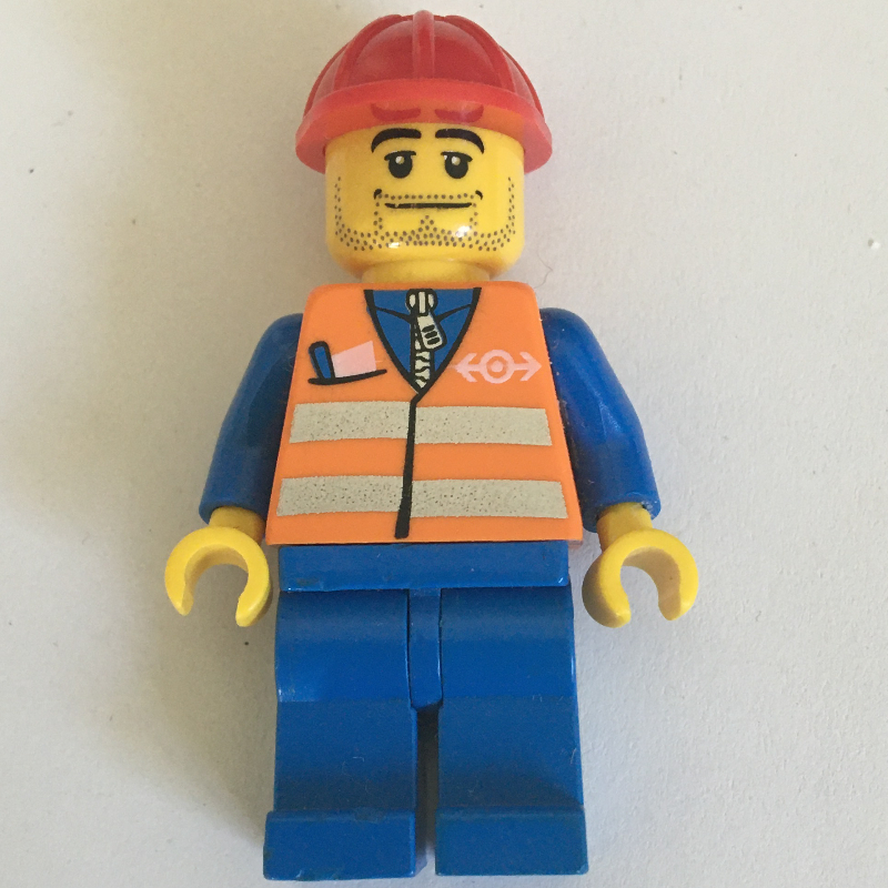 Travailleur - gilet de sécurité orange, jambes bleues, casque rouge, barbe naissante (Worker - Orange Safety Vest, Blue Legs, Red Helmet, Stubble Beard)