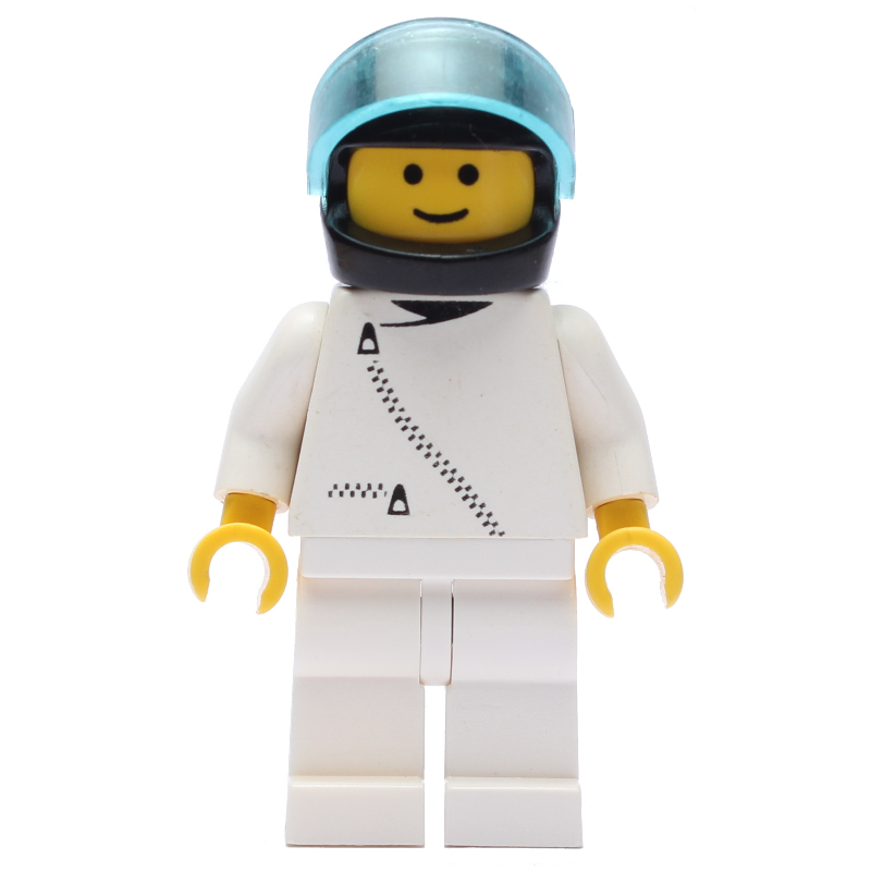 Pilote de course, veste blanche avec fermeture éclair, casque noir avec visière (Racer, White Jacket with Zipper, Black Helmet with Visor)
