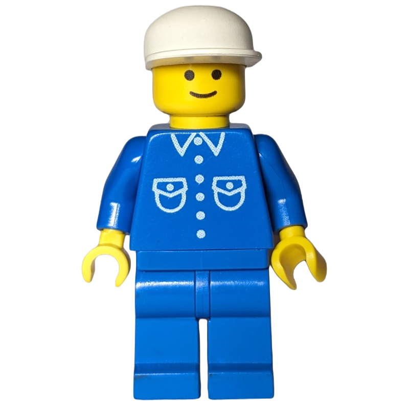 Homme, chemise bleue avec boutons et poches, jambes bleues, casquette blanche (Man, Blue Shirt with Buttons and Pockets, Blue Legs, White Cap)