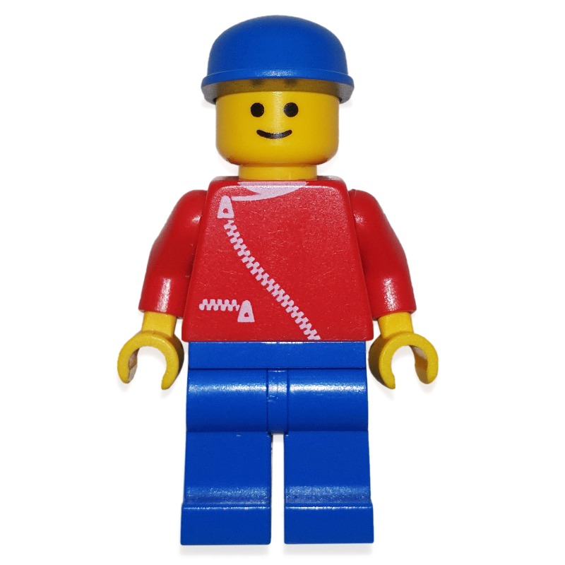 Homme, veste rouge avec fermeture éclair et poches, jambes bleues, casquette bleue (Man, Red Jacket with Zipper and Pockets, Blue Legs, Blue Cap)