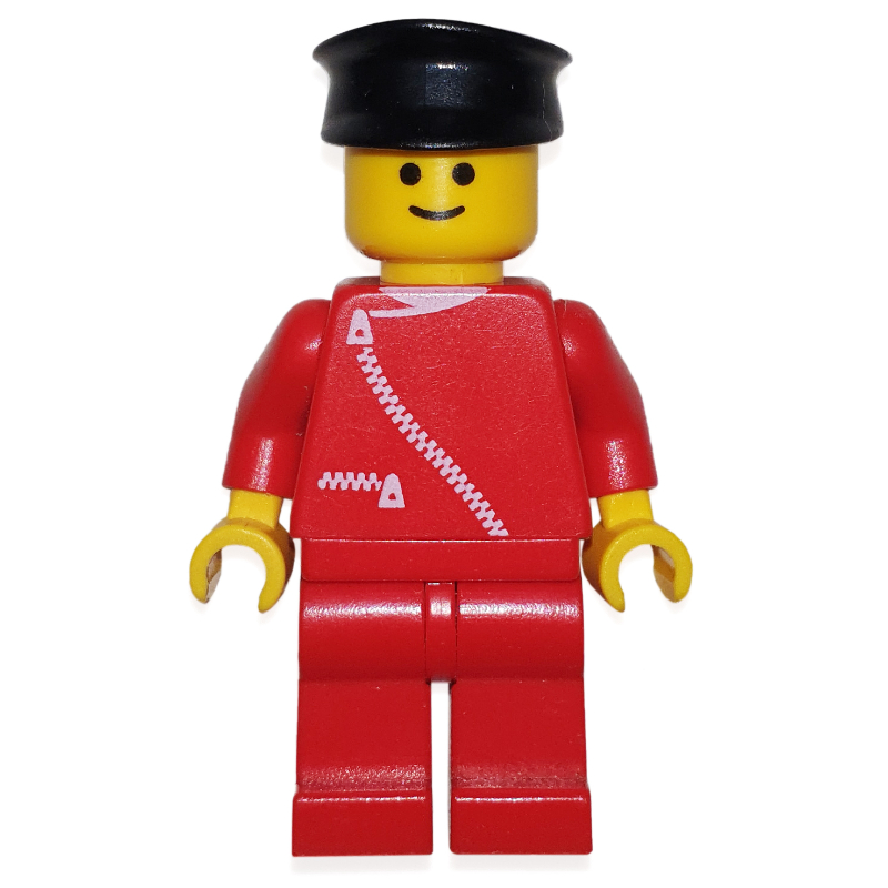 Homme, veste rouge avec fermeture éclair, jambes rouges, chapeau noir (Man, Red Jacket with Zipper, Red Legs, Black Hat)