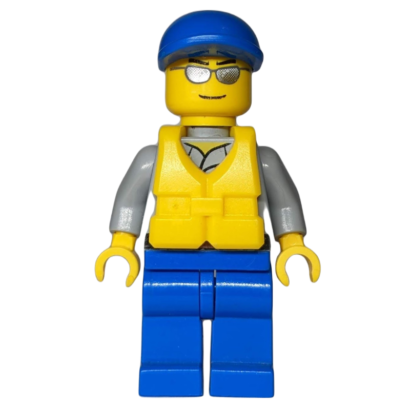 Garde-côte, chemise gris bleuté clair avec badge, casquette bleue, gilet de sauvetage jaune, lunettes de soleil argentées (Coast Guard, Light Bluish Gray Shirt with Badge, Blue Cap, Yellow Life Vest, Silver Sunglasses)