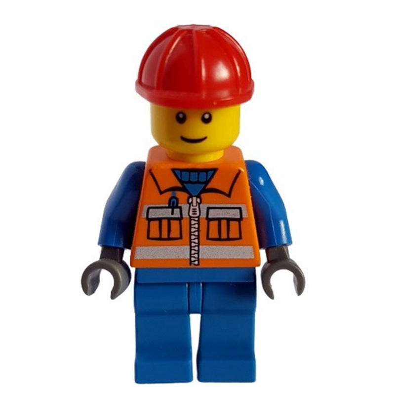 Ouvrier de chantier, gilet de sécurité orange avec fermeture éclair et poches, jambes bleues, casque de chantier rouge (Construction Worker, Orange Safety Vest with Zipper and Pockets, Blue Legs, Red Hard Hat)
