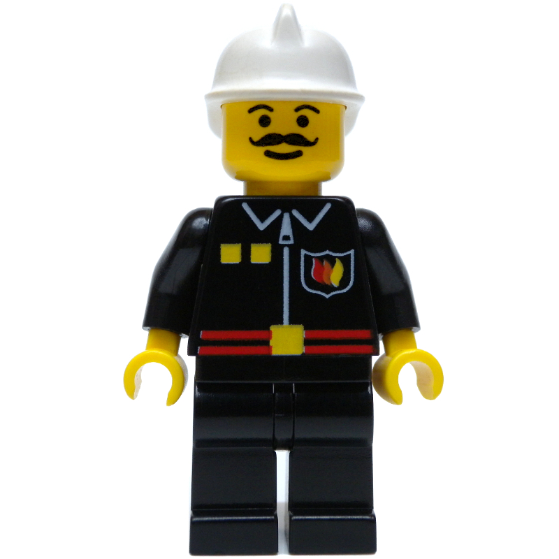 Pompier, veste de feu noir avec ceinture rouge et badge, casque blanc, moustache (Fireman, Black Fire Jacket with Red Belt and Badge, White Helmet, Moustache)