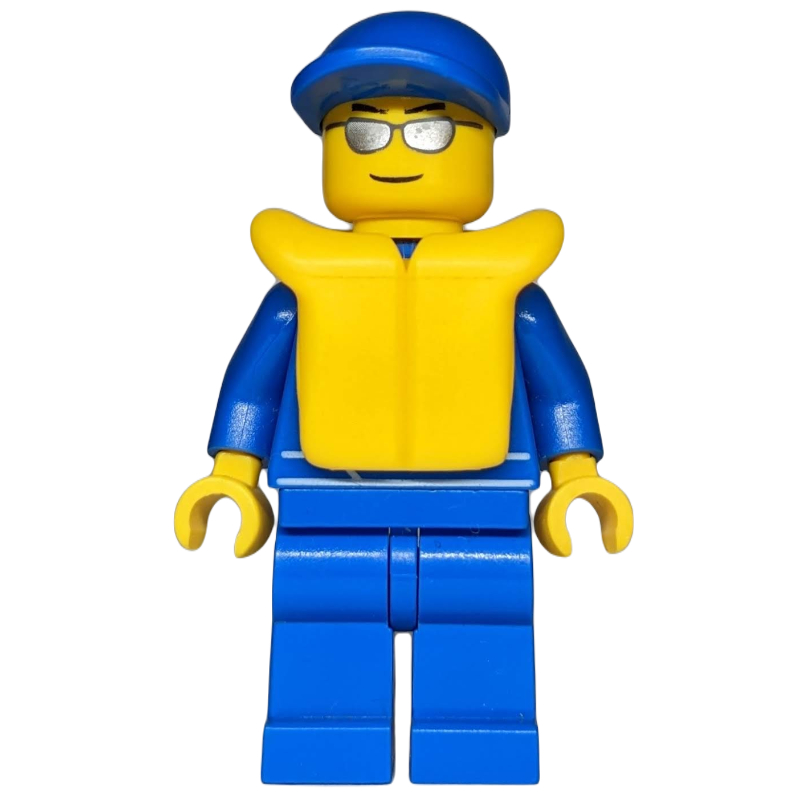 Pilote de course, combinaison bleue avec logo Octan, casquette bleue, gilet de sauvetage jaune 2610, lunettes de soleil argentées (Racer, Blue Jumpsuit with Octan Logo, Blue Cap, Yellow Life Vest 2610, Silver Sunglasses)