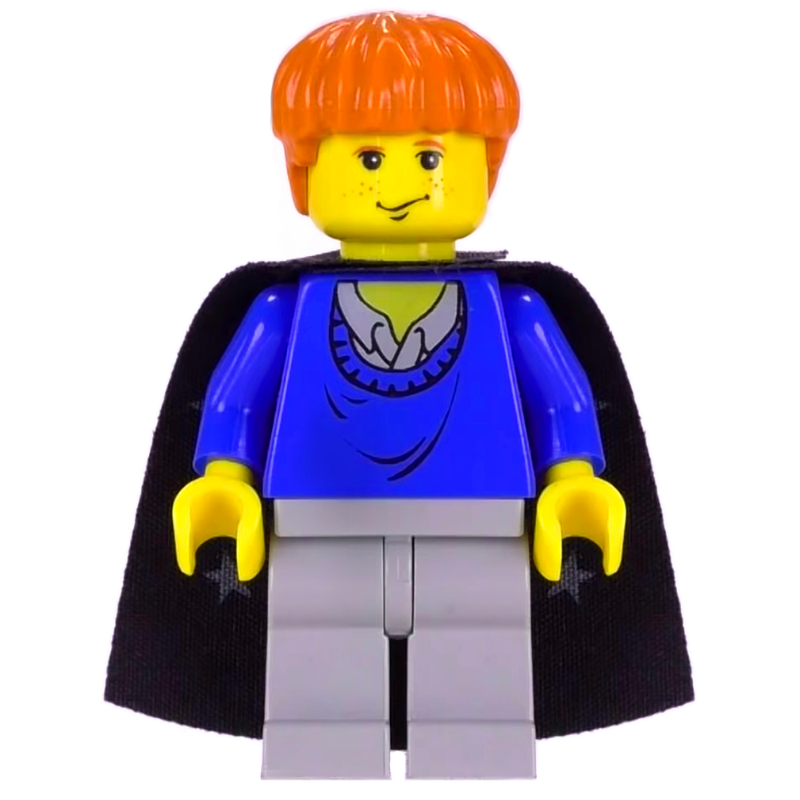 Ron Weasley, peau jaune, pull bleu, cape avec étoiles (Ron Weasley, Yellow Skin, Blue Sweater, Cape with Stars)