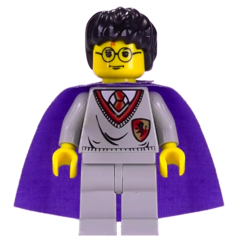 Harry Potter, peau jaune, pull de Gryffondor avec blason, cape violette (Harry Potter, Yellow Skin, Gryffindor Sweater with Crest, Violet Cape)