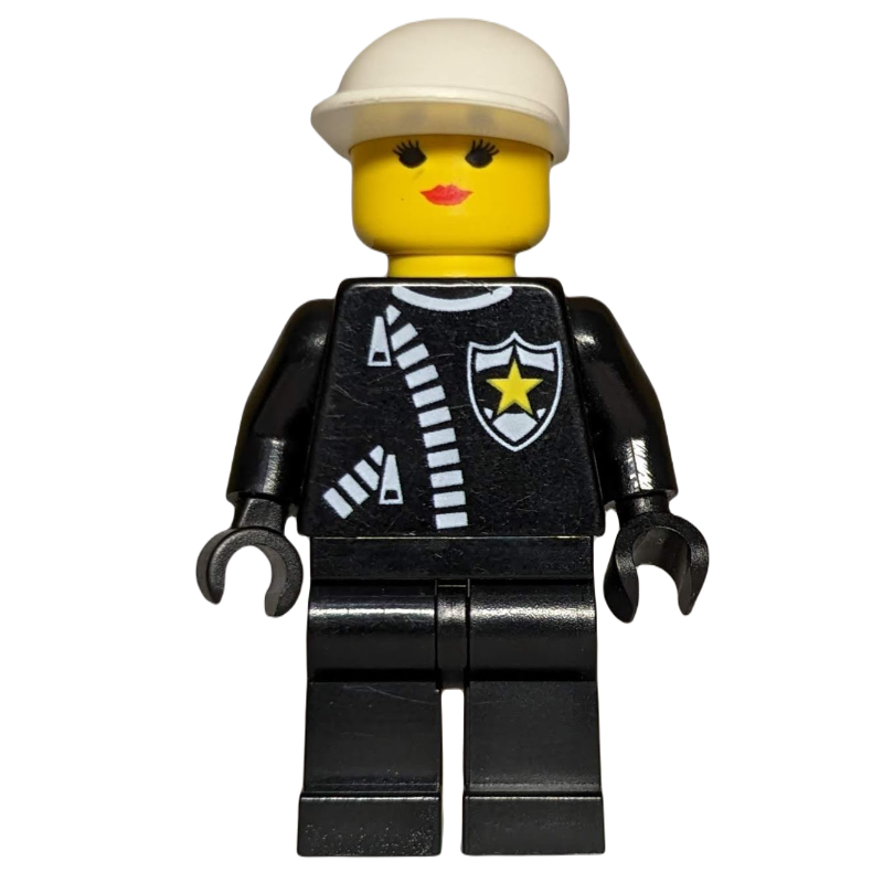Policière, veste noire avec fermeture éclair et badge, casquette blanche (Policewoman, Black Jacket with Zipper and Badge, White Cap)