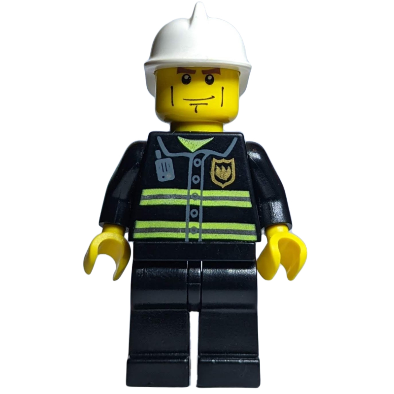 Pompier, veste de feu noir avec bandes réfléchissantes, radio, et badge, mains jaunes, casque blanc, traits sur les joues (Fireman, Black Fire Jacket with Reflective Stripes, Radio, and Badge, Yellow Hands, White Helmet, Cheek Lines)