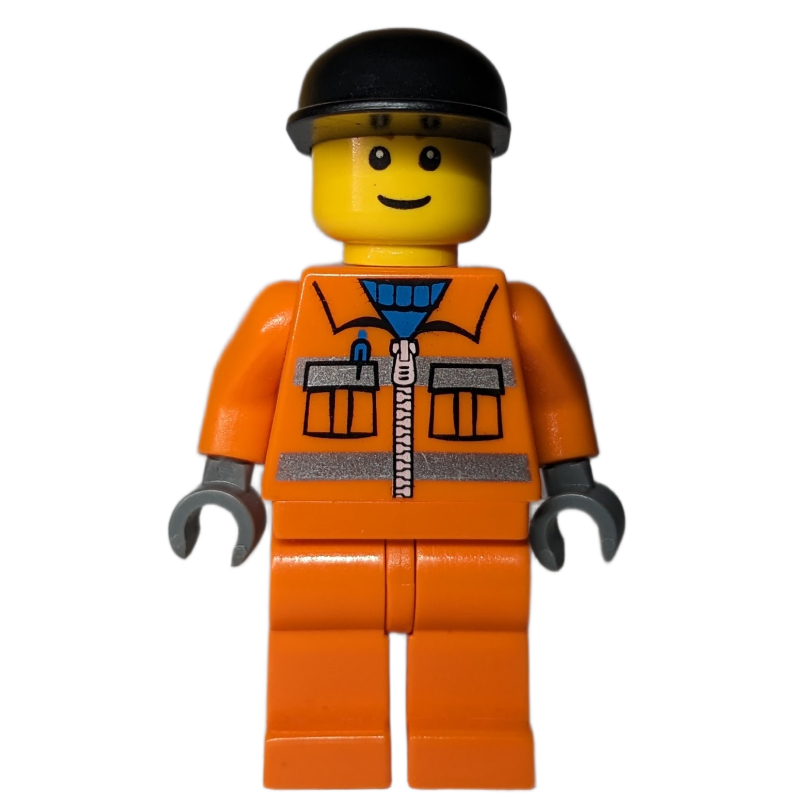 Ouvrier de chantier, veste orange avec fermeture éclair et bandes réfléchissantes, jambes orange, casquette noire (Construction Worker, Orange Jacket with Zipper and Reflective Stripes, Orange Legs, Black Cap)